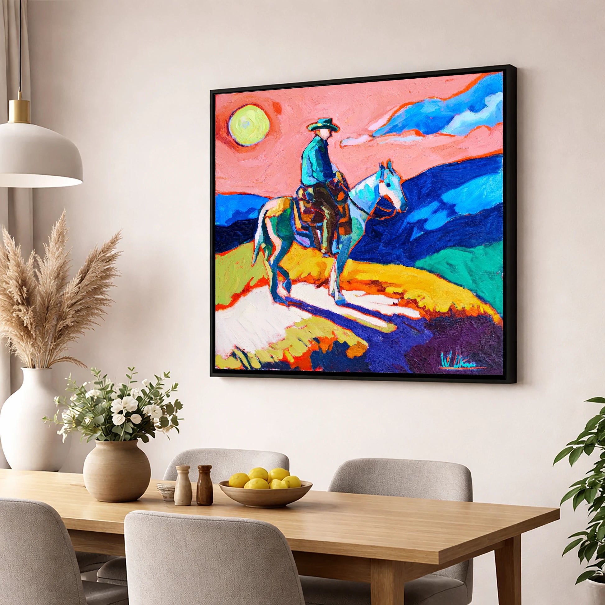 Technicolour Trail Rider western horse wall art displayed in a dining room
