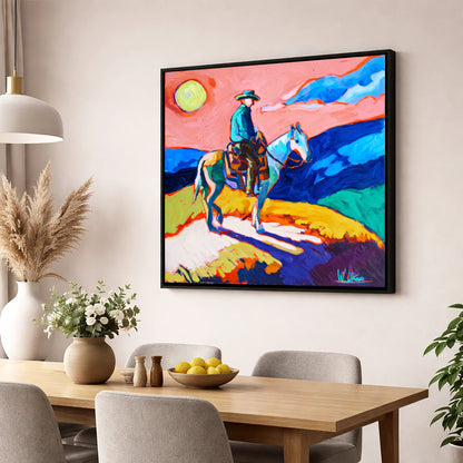 Technicolour Trail Rider western horse wall art displayed in a dining room