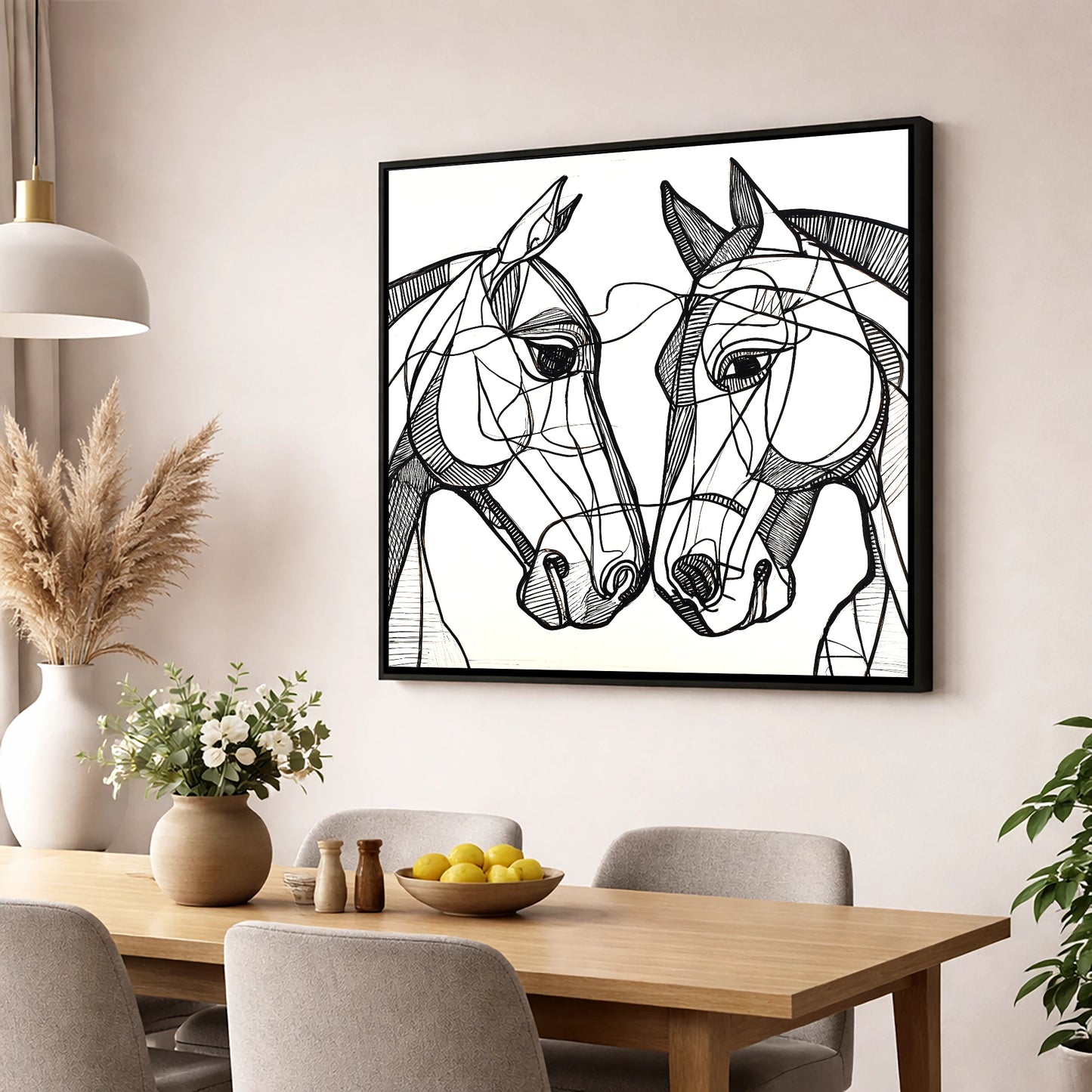 Structural Equine Bond horse portrait wall art displayed in a dining room