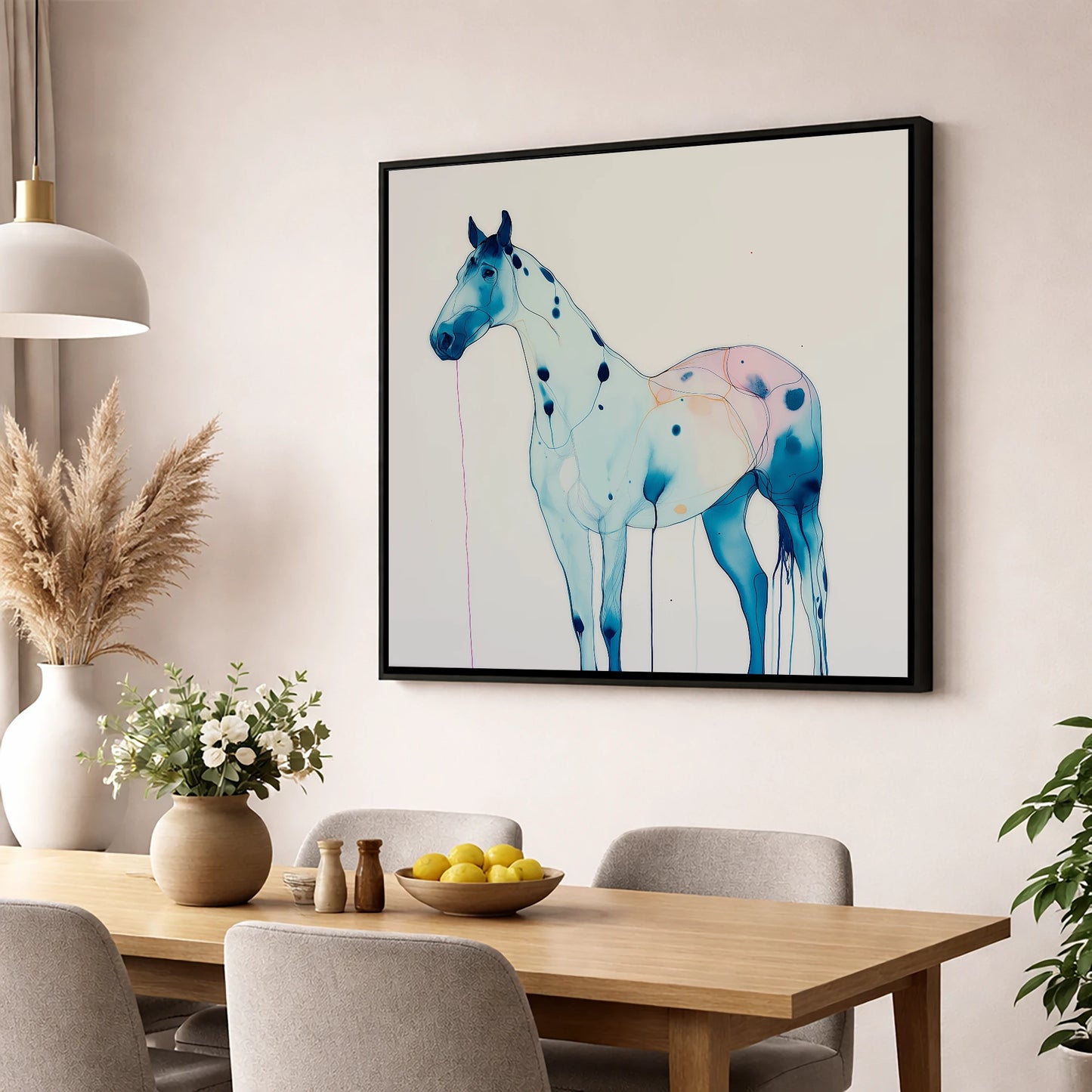 Ethereal Blue Appaloosa horse breed wall art displayed in a dining room