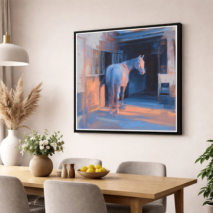 Quiet Light in the Yard horse stable wall art displayed in a dining room