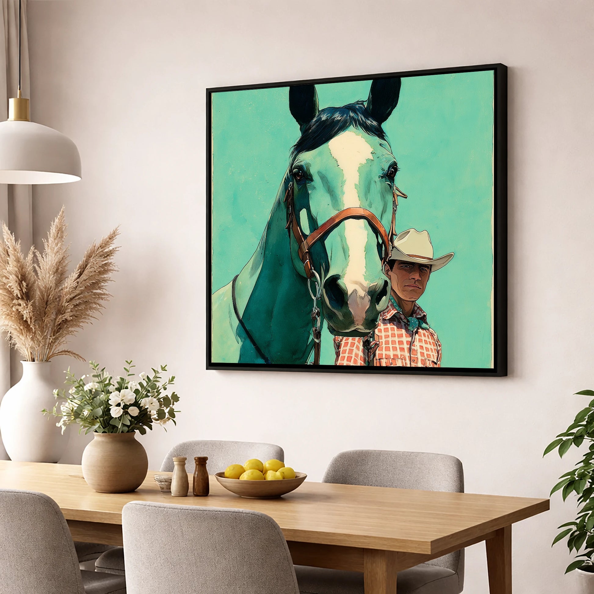 The Western Partnership western horse wall art displayed in a dining room