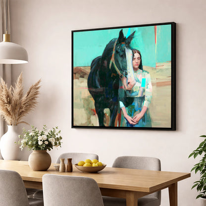 The Quiet Bond horse & rider wall art displayed in a dining room