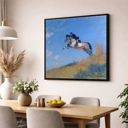 Leap Into the Blue show jumping horse wall art displayed in a dining room