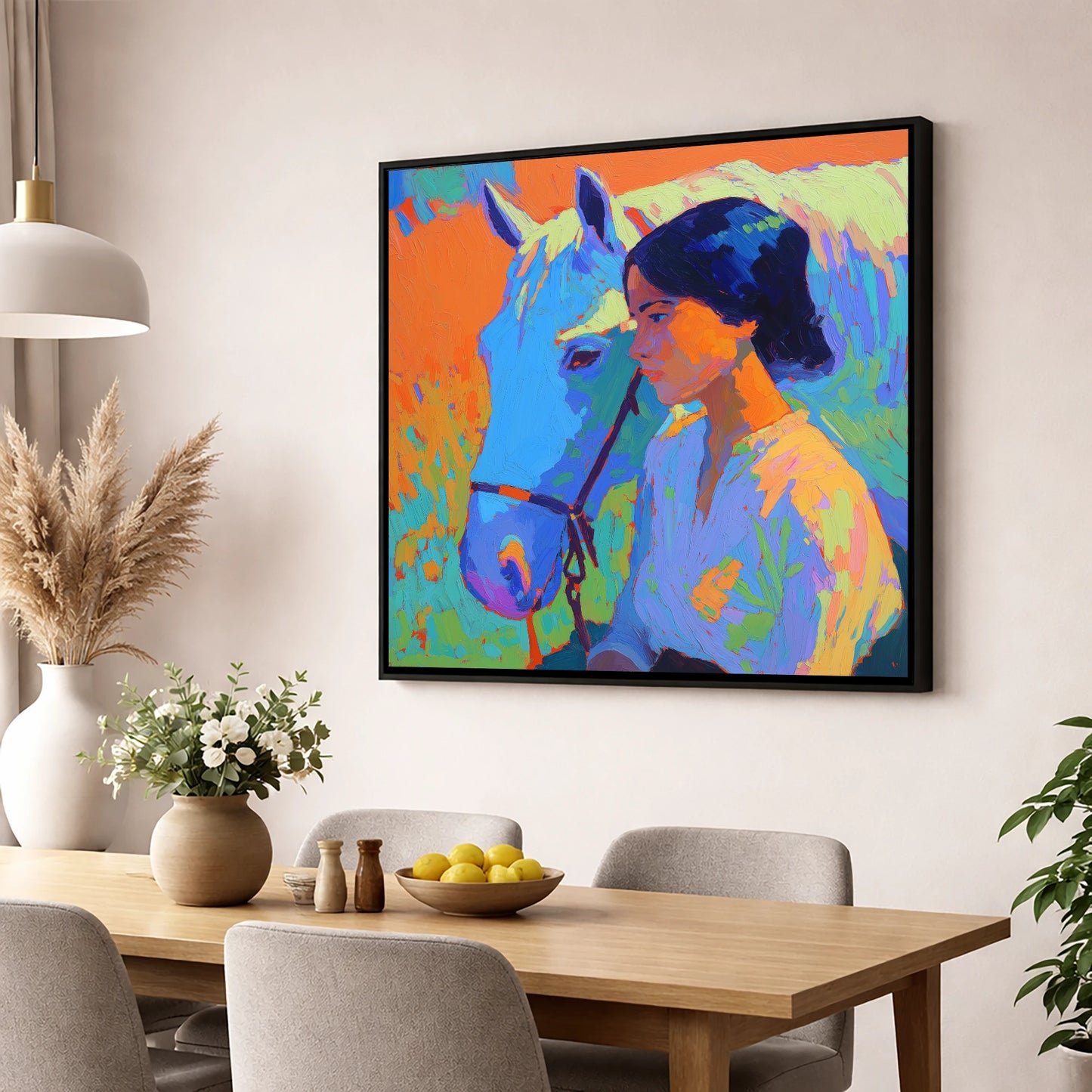 Vibrant Connection horse & rider wall art displayed in a dining room