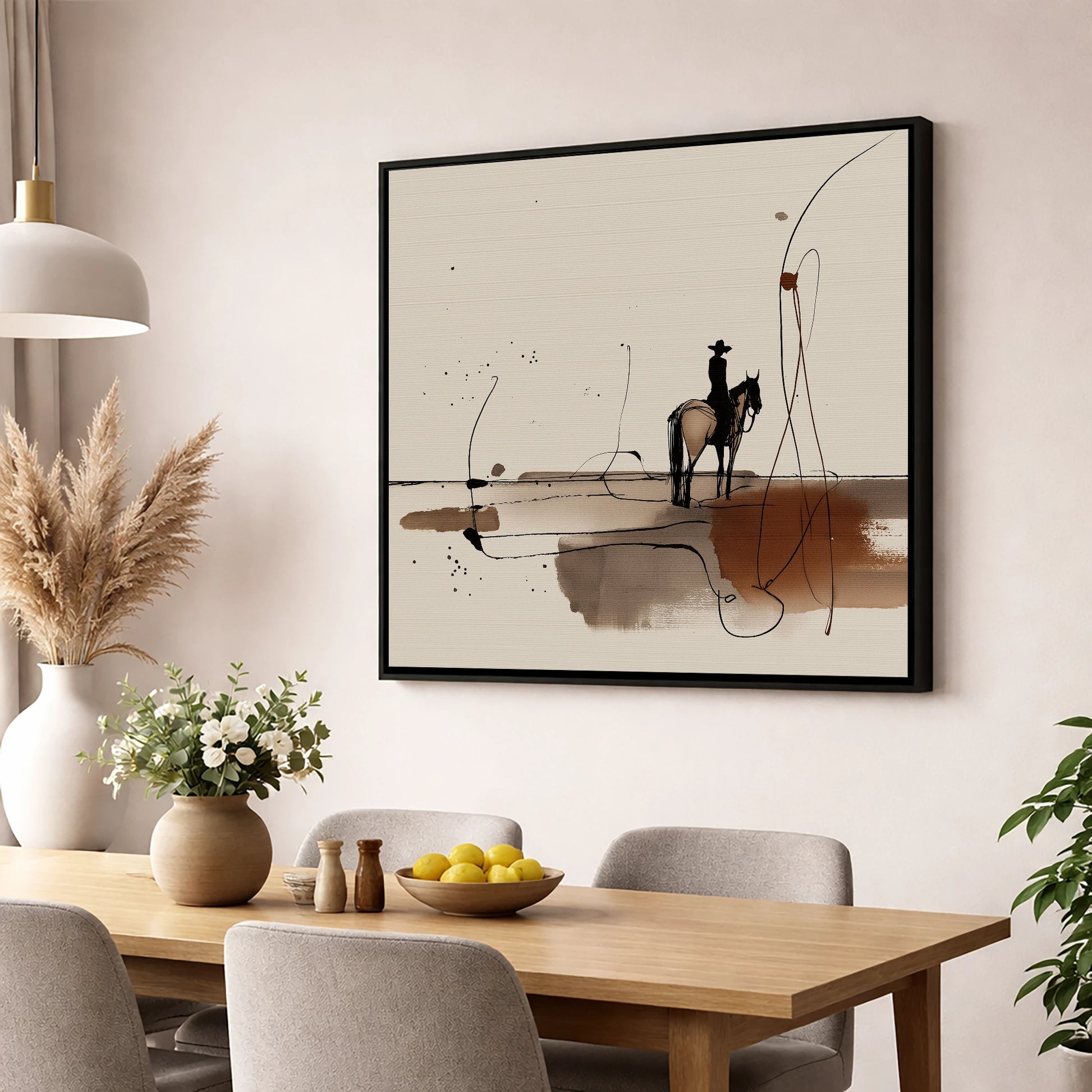 The Silent Frontier western horse wall art displayed in a dining room
