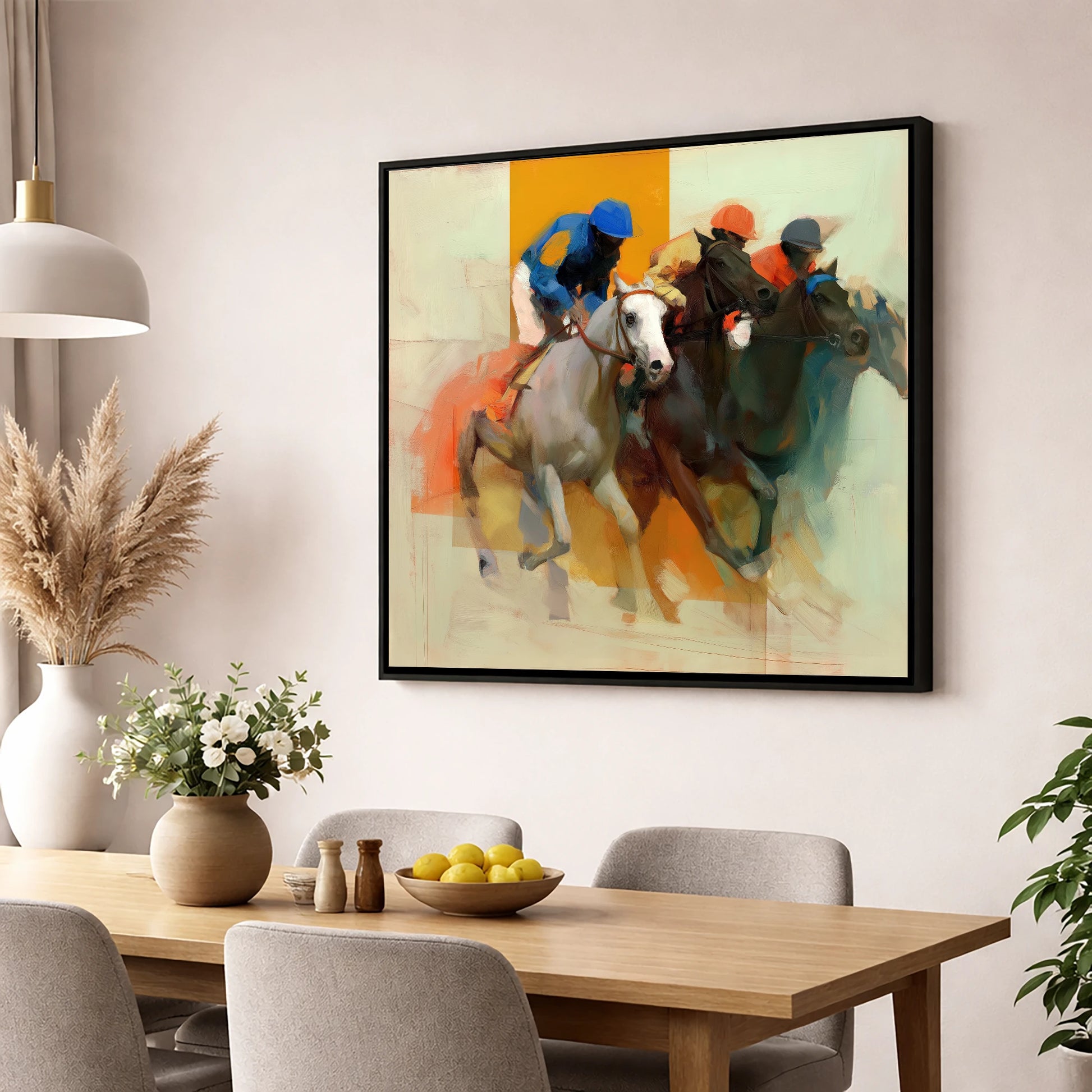 Surge to the Line racing horse wall art displayed in a dining room