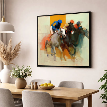 Surge to the Line racing horse wall art displayed in a dining room