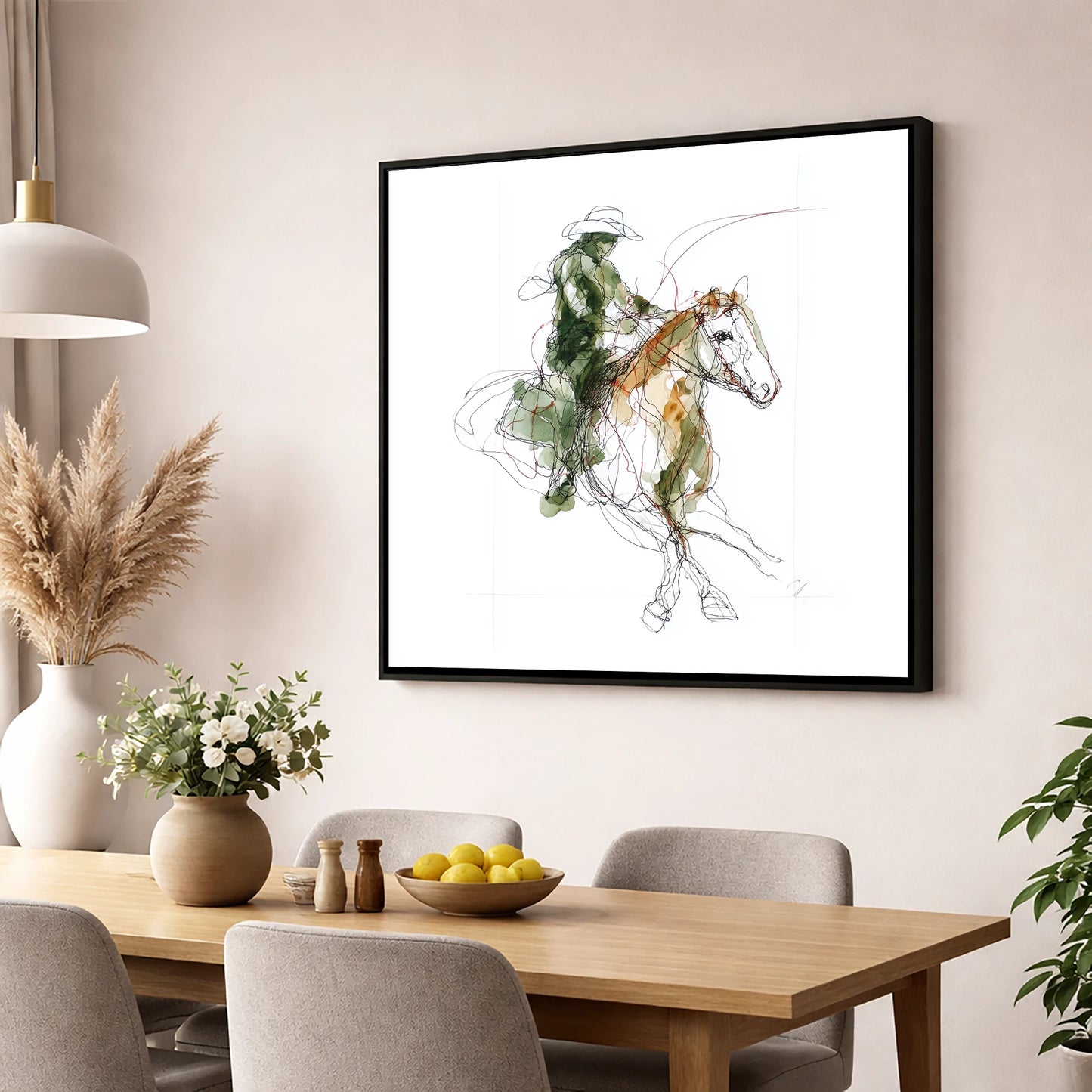 Expressive Western Rider western horse wall art displayed in a dining room