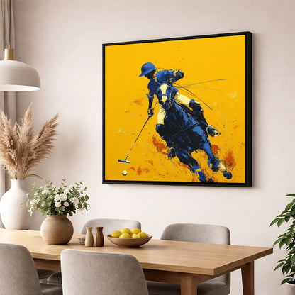 Indigo Chukka Strike polo horse wall art displayed in a dining room