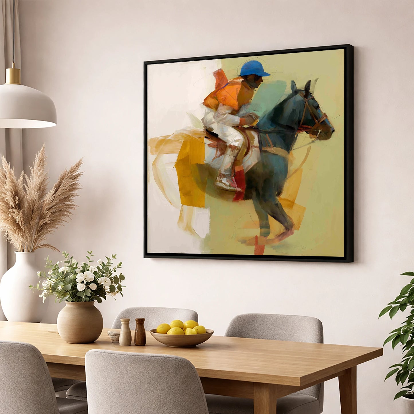 Cerulean and Silk racing horse wall art displayed in a dining room