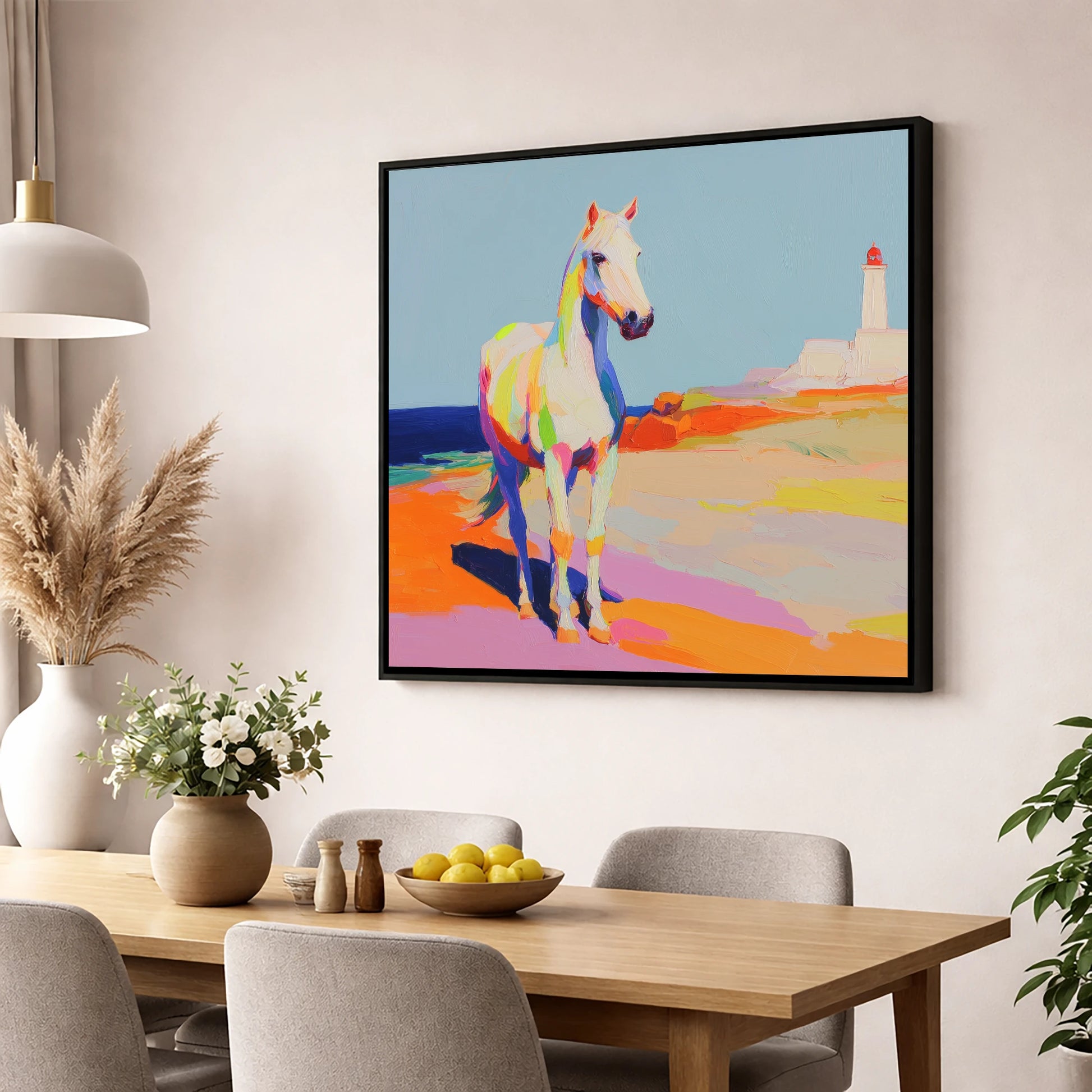 Vibrant Coastal Equine horse landscape wall art displayed in a dining room