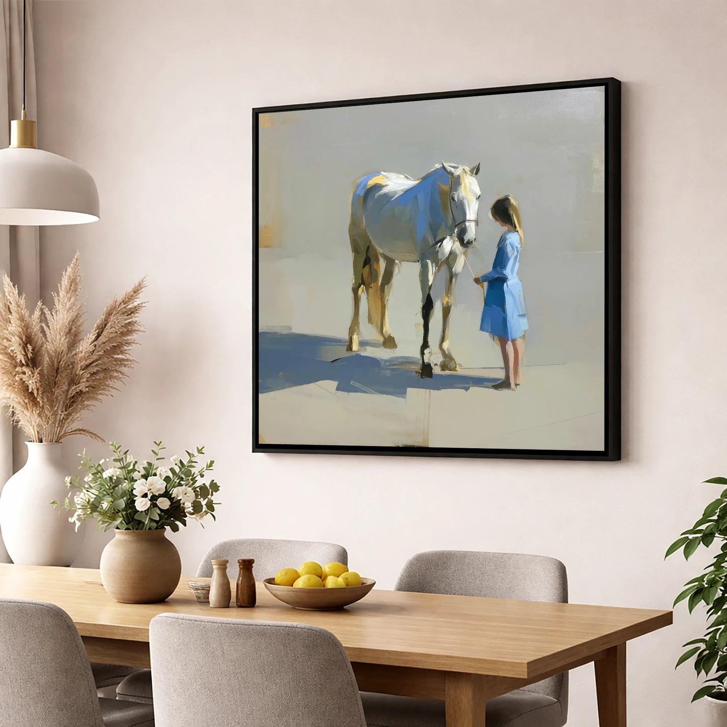 Sunlit Connection horse & rider wall art displayed in a dining room