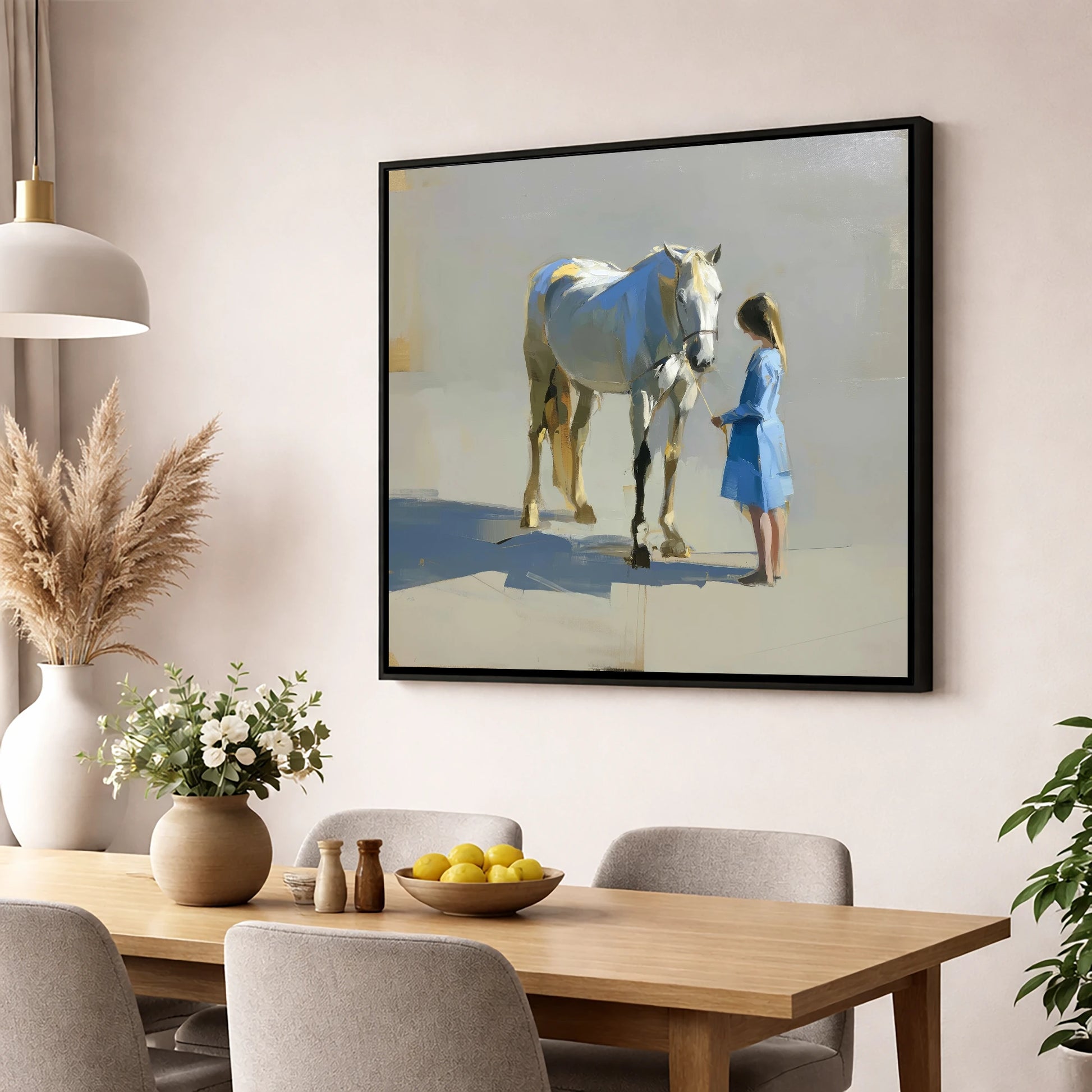 Sunlit Connection horse & rider wall art displayed in a dining room