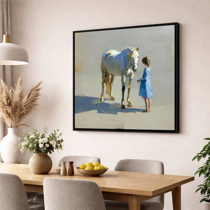Sunlit Connection horse & rider wall art displayed in a dining room
