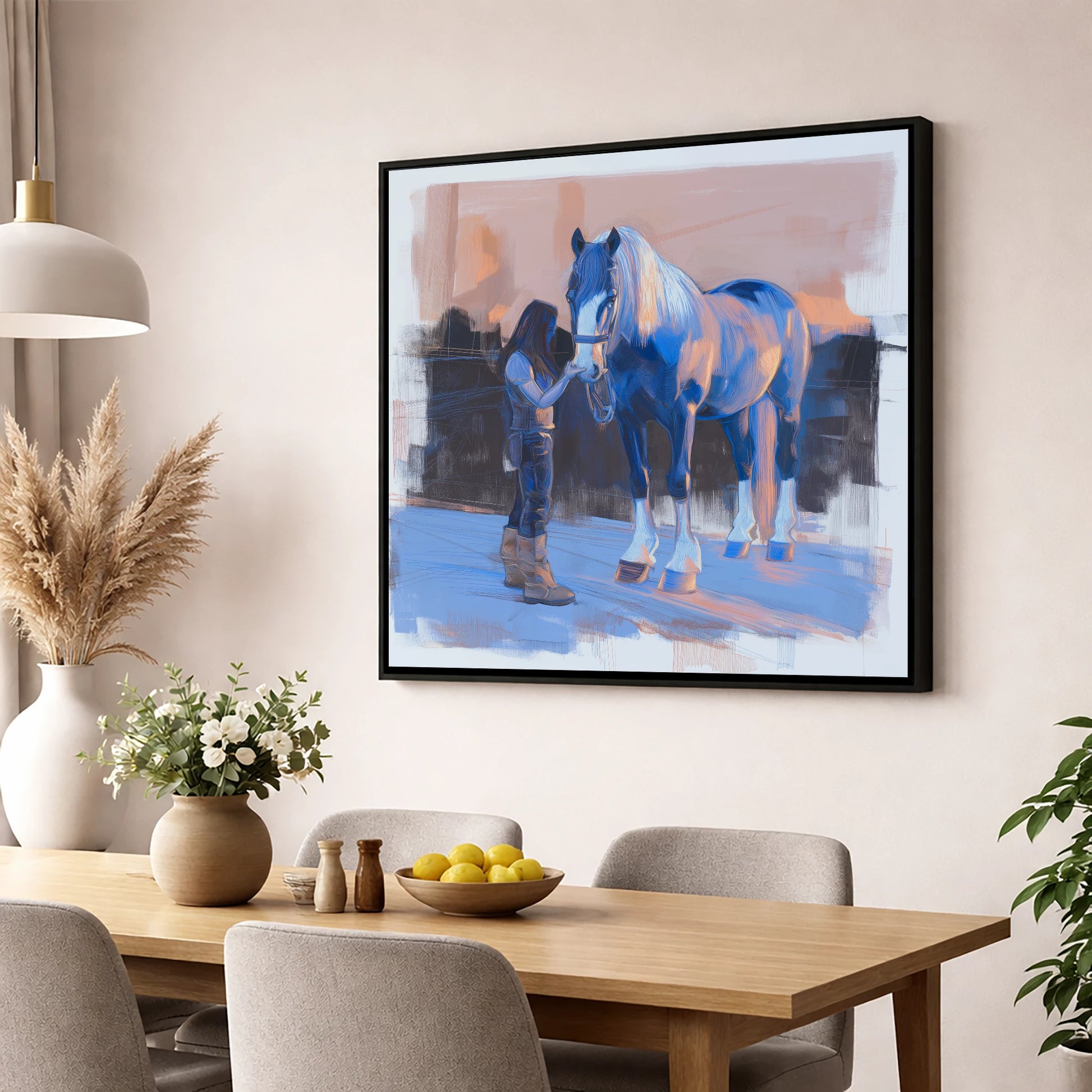 The Gentle Bond horse & rider wall art displayed in a dining room