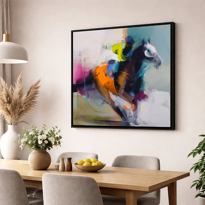 Technicolour Gallop racing horse wall art displayed in a dining room