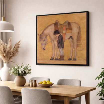 The Quiet Bond horse & rider wall art displayed in a dining room