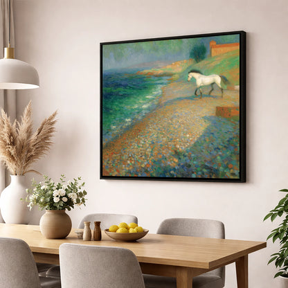 Vibrant Coastal Grey horse landscape wall art displayed in a dining room