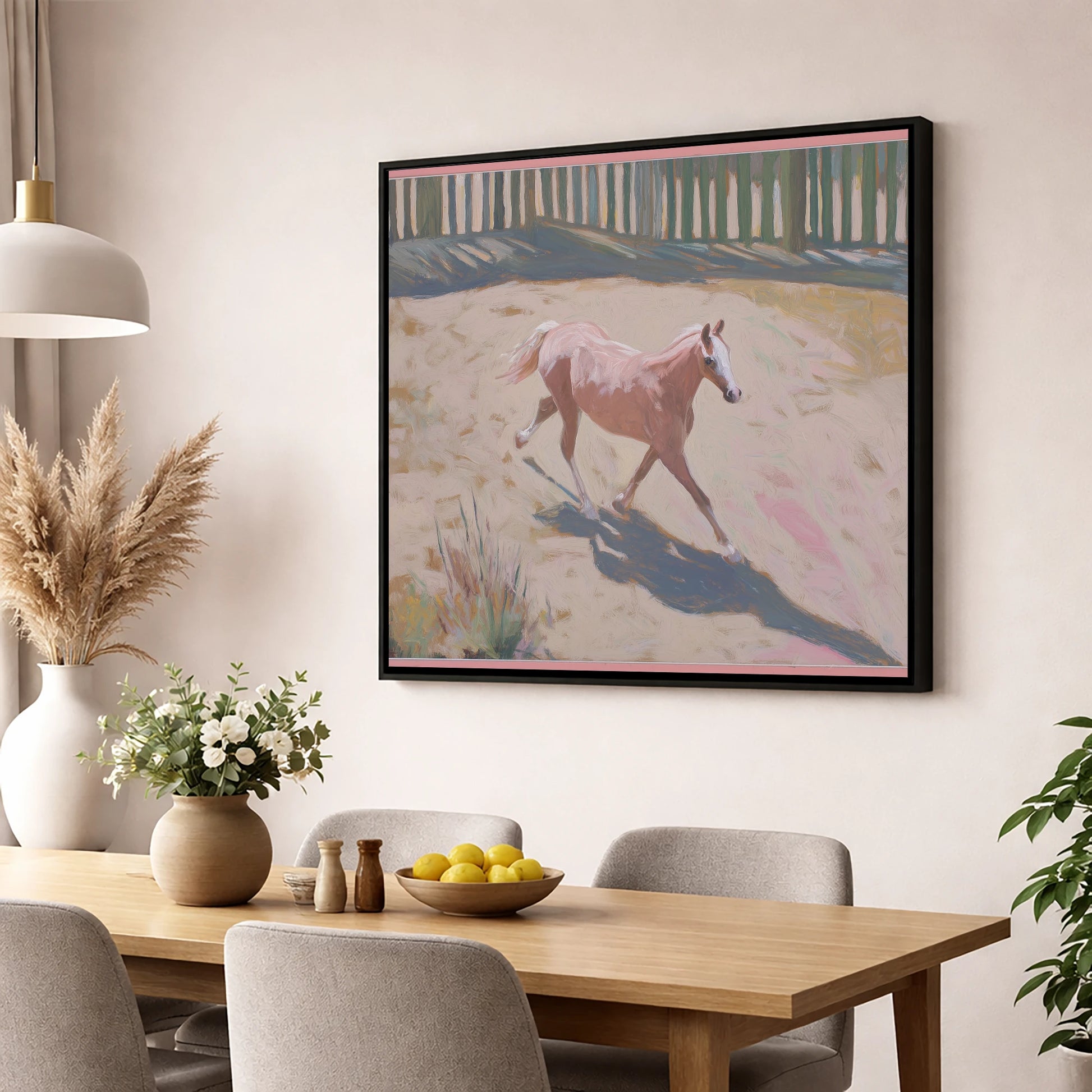 Sunlit Arena Stride horse breed wall art displayed in a dining room