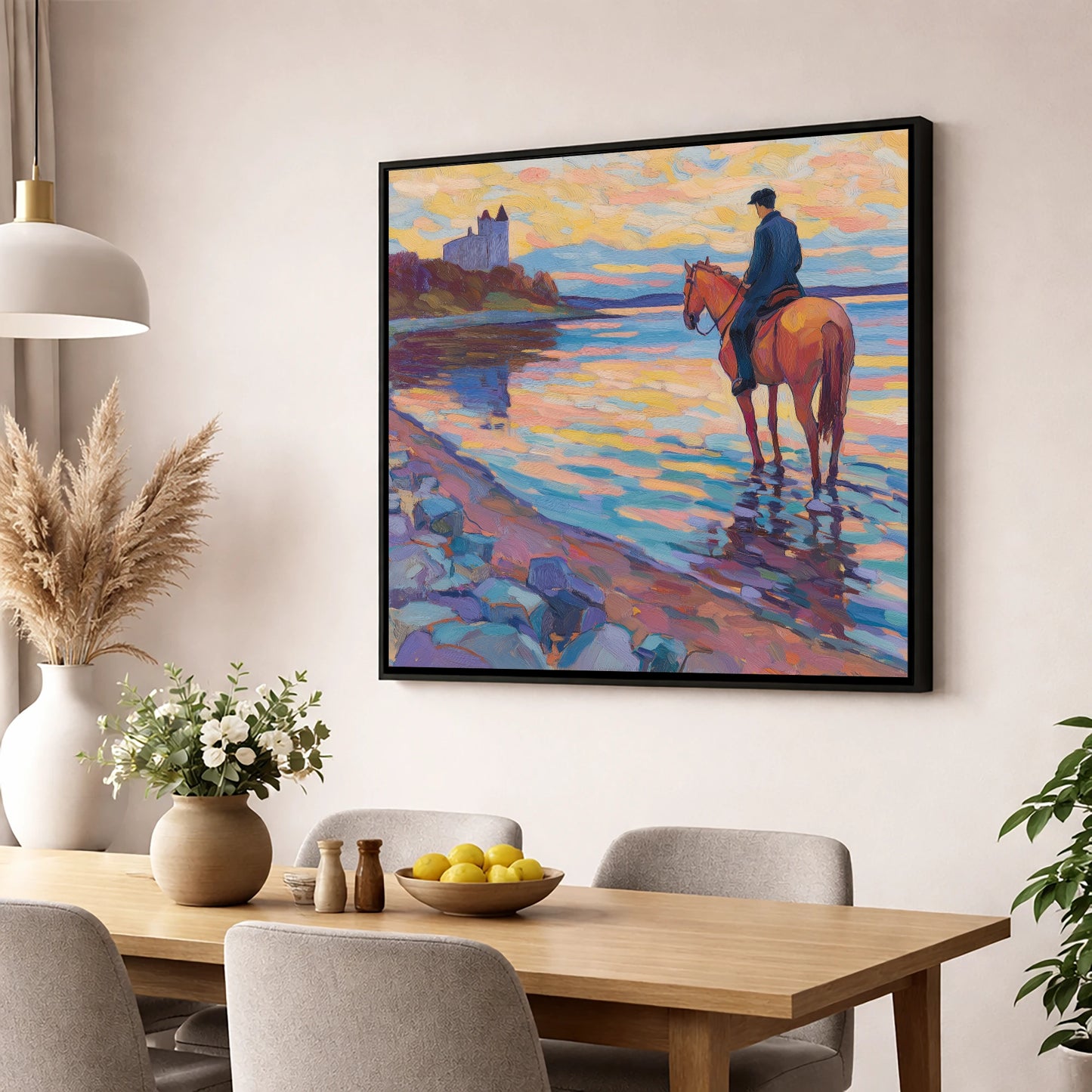 Rider at Castle Bay beach horse wall art displayed in a dining room
