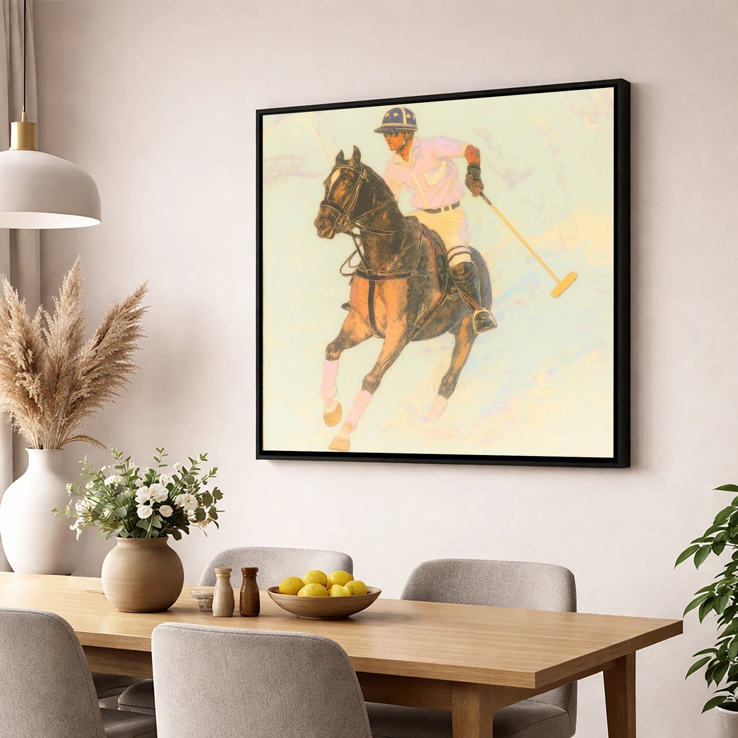 Luminous Chukka polo horse wall art displayed in a dining room