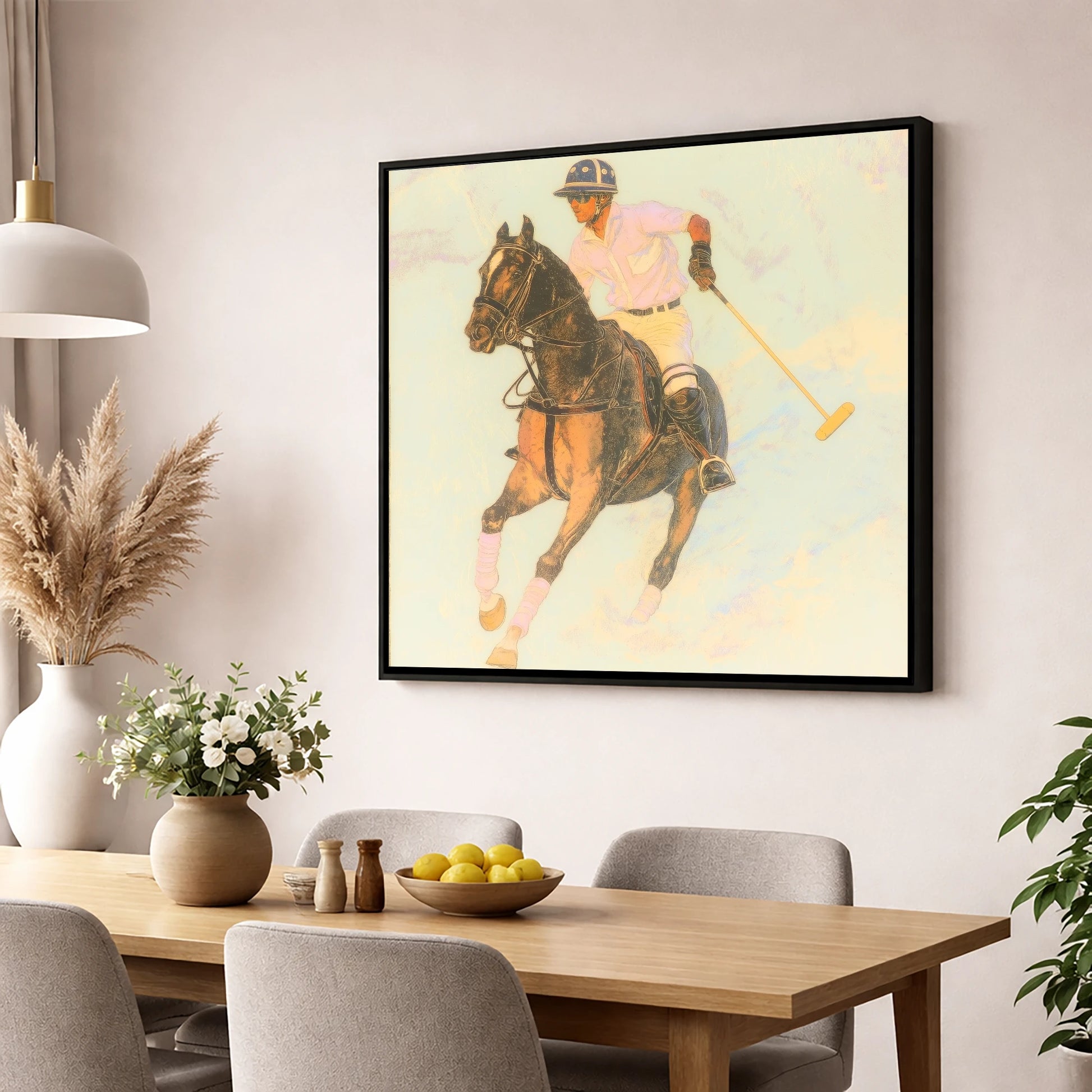 Luminous Chukka polo horse wall art displayed in a dining room