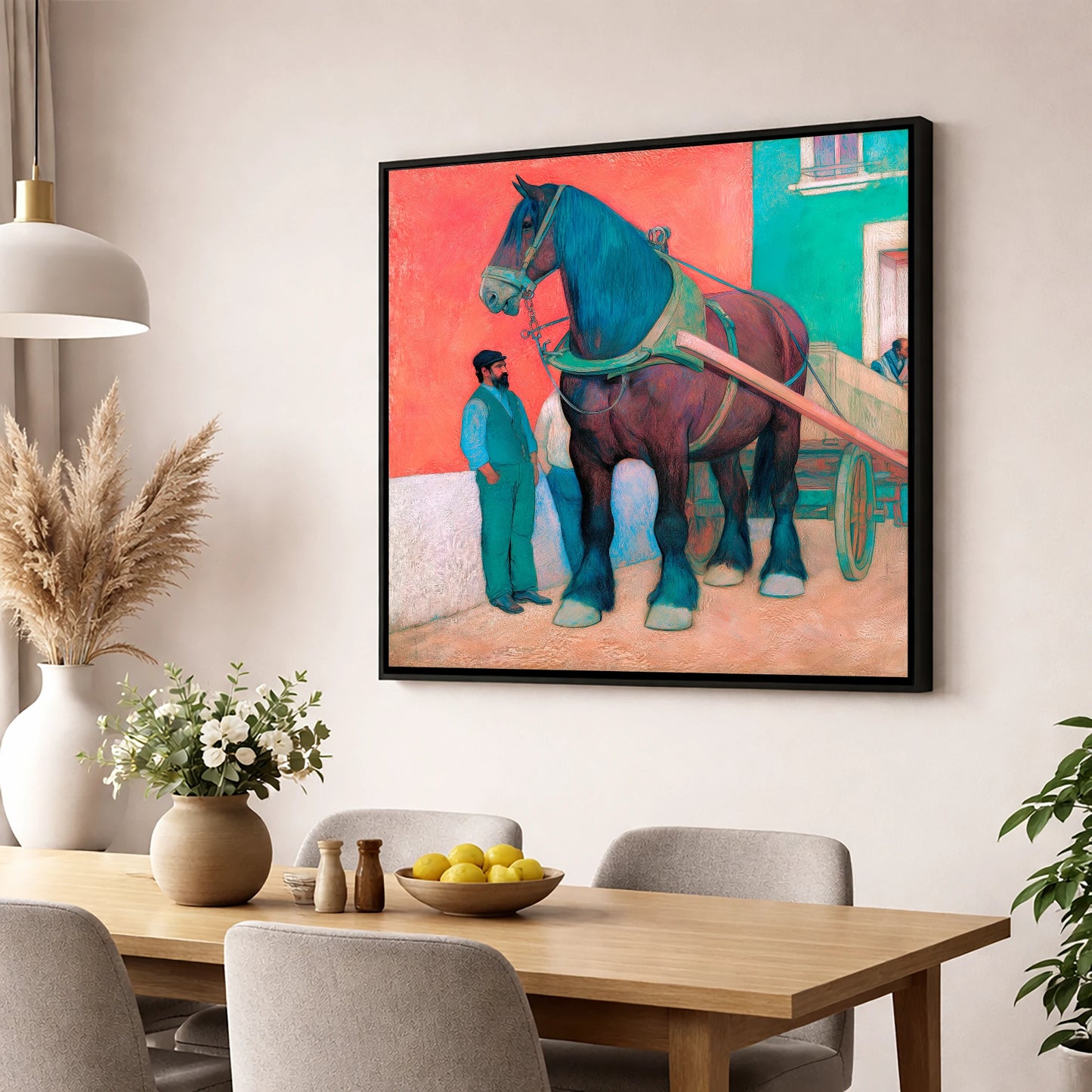 Strength and Stillness working horse wall art displayed in a dining room