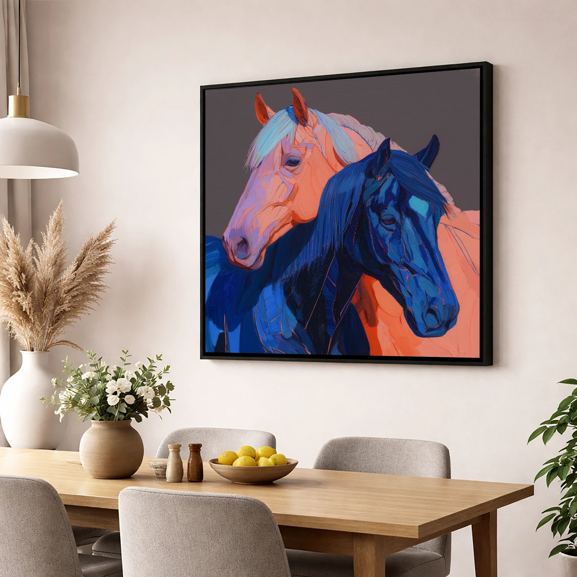 Indigo And Peach Companions horse landscape wall art displayed in a dining room