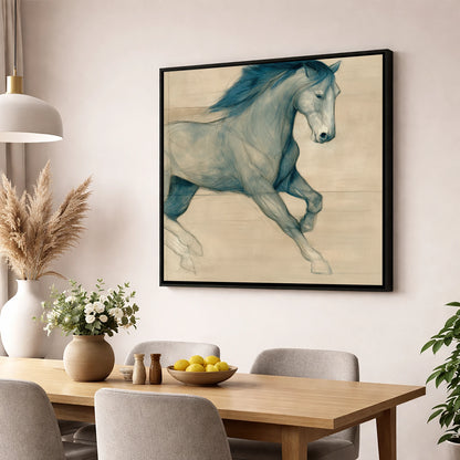 Teal Equine Study horse portrait wall art displayed in a dining room