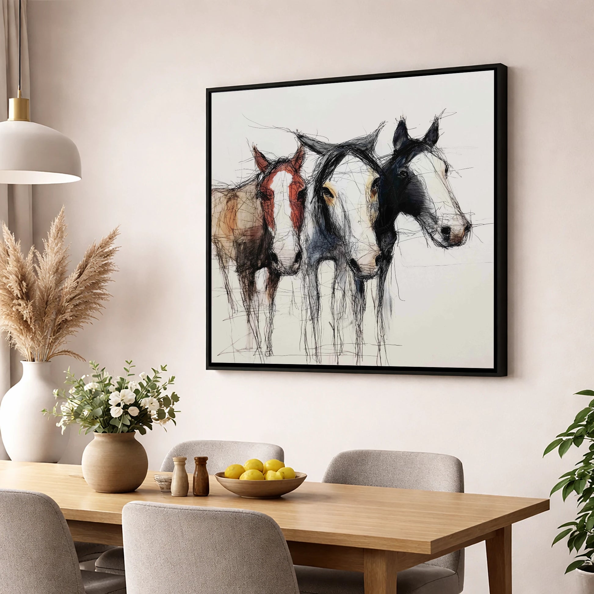 Restless Spirits wild horses wall art displayed in a dining room
