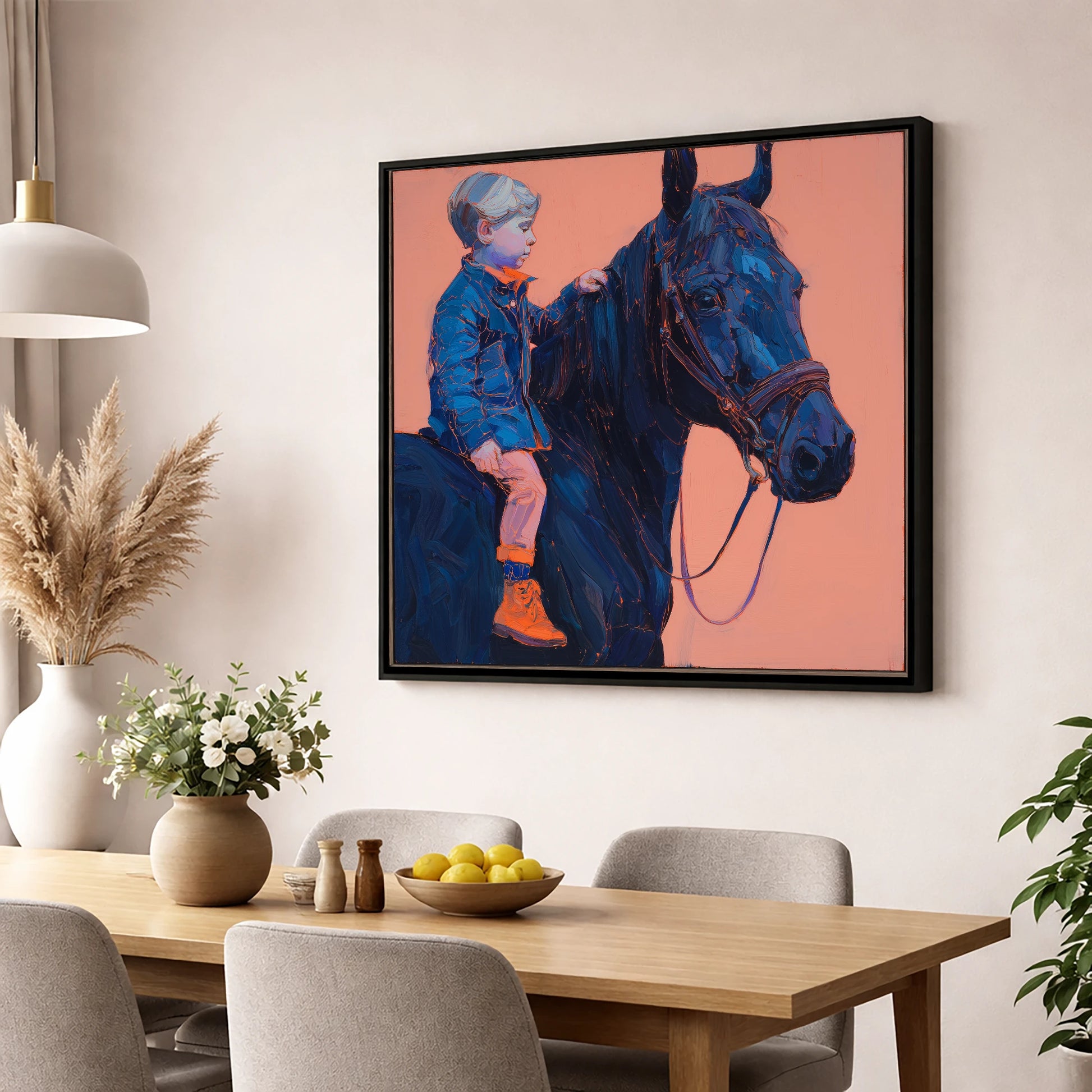 Indigo Beginnings horse & rider wall art displayed in a dining room
