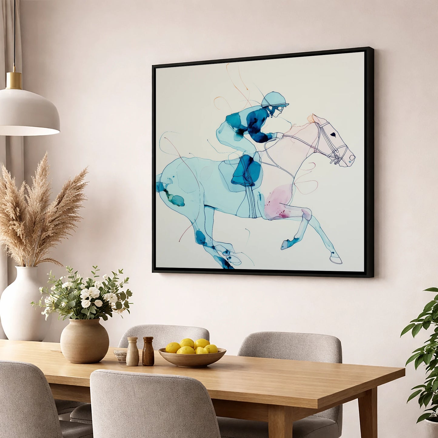 Ethereal Racing Form racing horse wall art displayed in a dining room