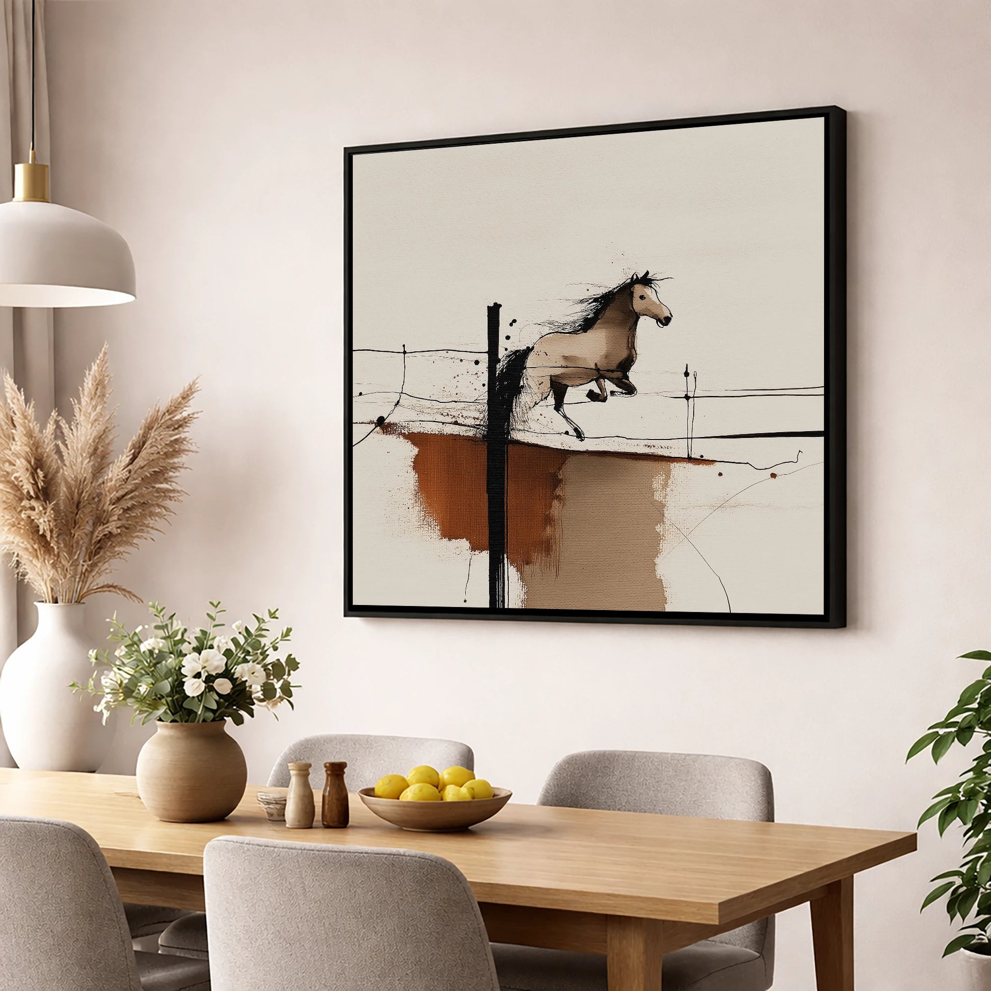 Clearing the Boundary show jumping horse wall art displayed in a dining room