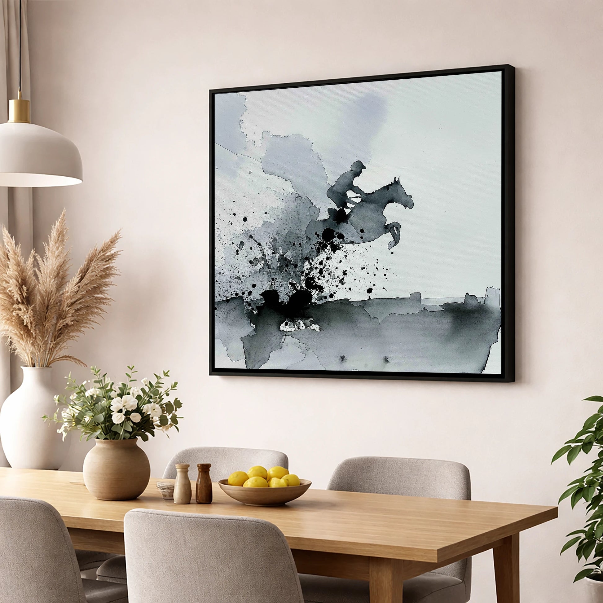 Monochrome Momentum show jumping horse wall art displayed in a dining room