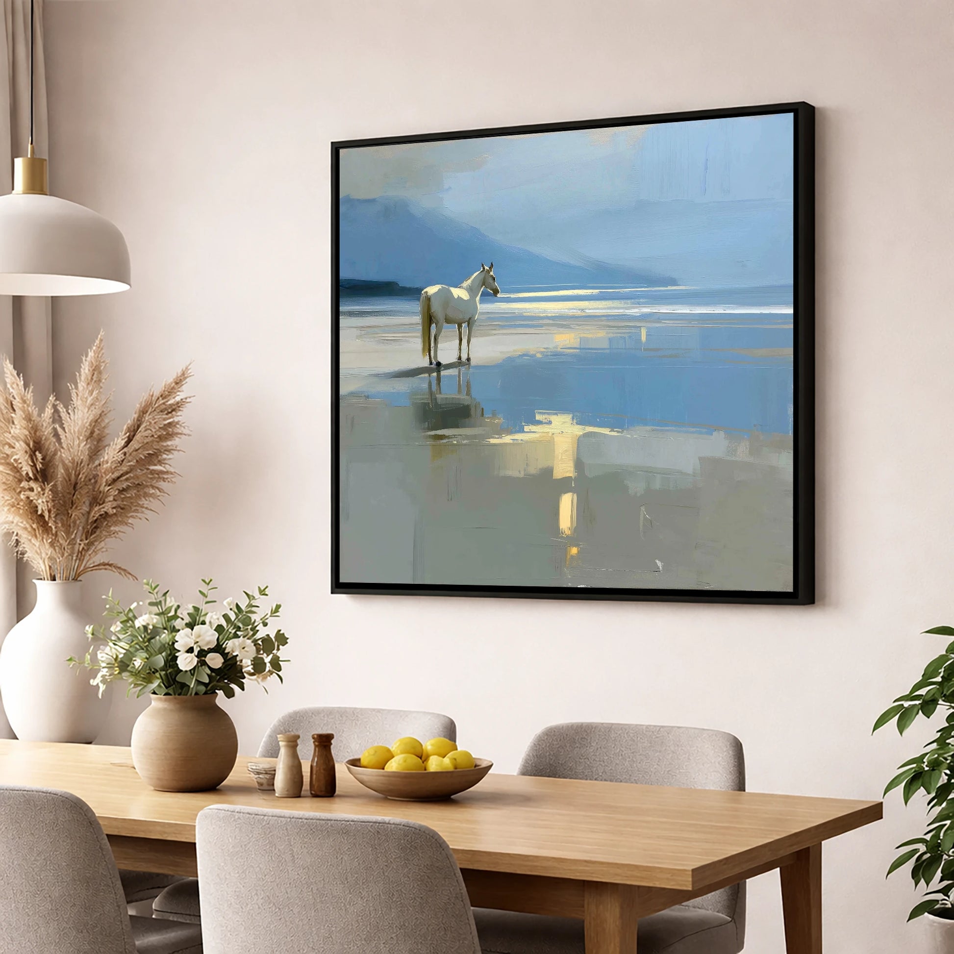 Solitary Coastal Gleam horse landscape wall art displayed in a dining room
