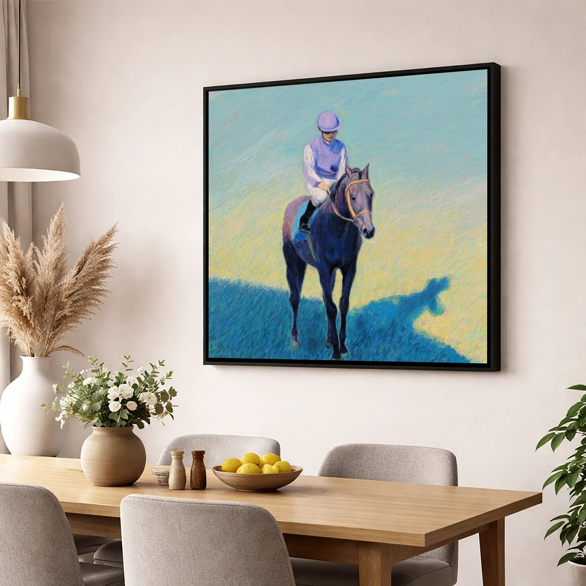 Lavender Silks racing horse wall art displayed in a dining room