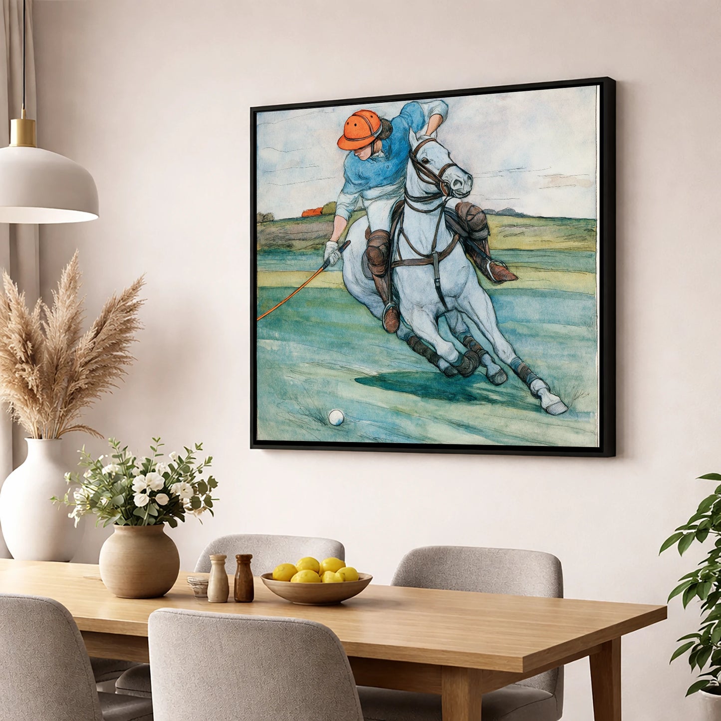 The Nearside Strike polo horse wall art displayed in a dining room