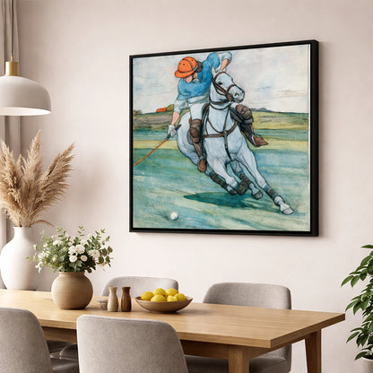 The Nearside Strike polo horse wall art displayed in a dining room