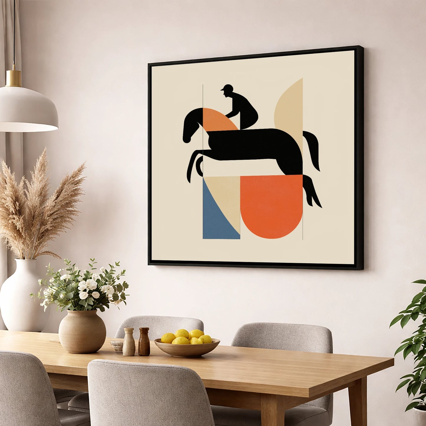 Structured Flight show jumping horse wall art displayed in a dining room