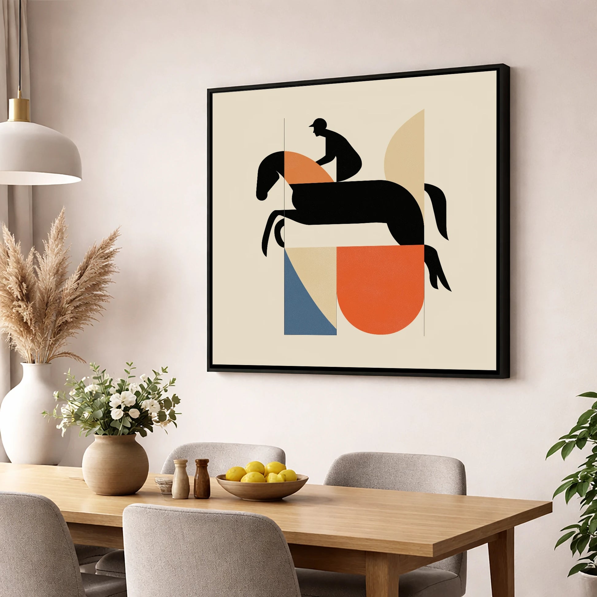 Structured Flight show jumping horse wall art displayed in a dining room