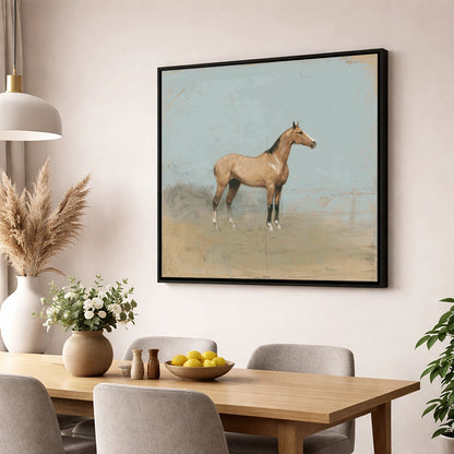 The Paddock Study racing horse wall art displayed in a dining room