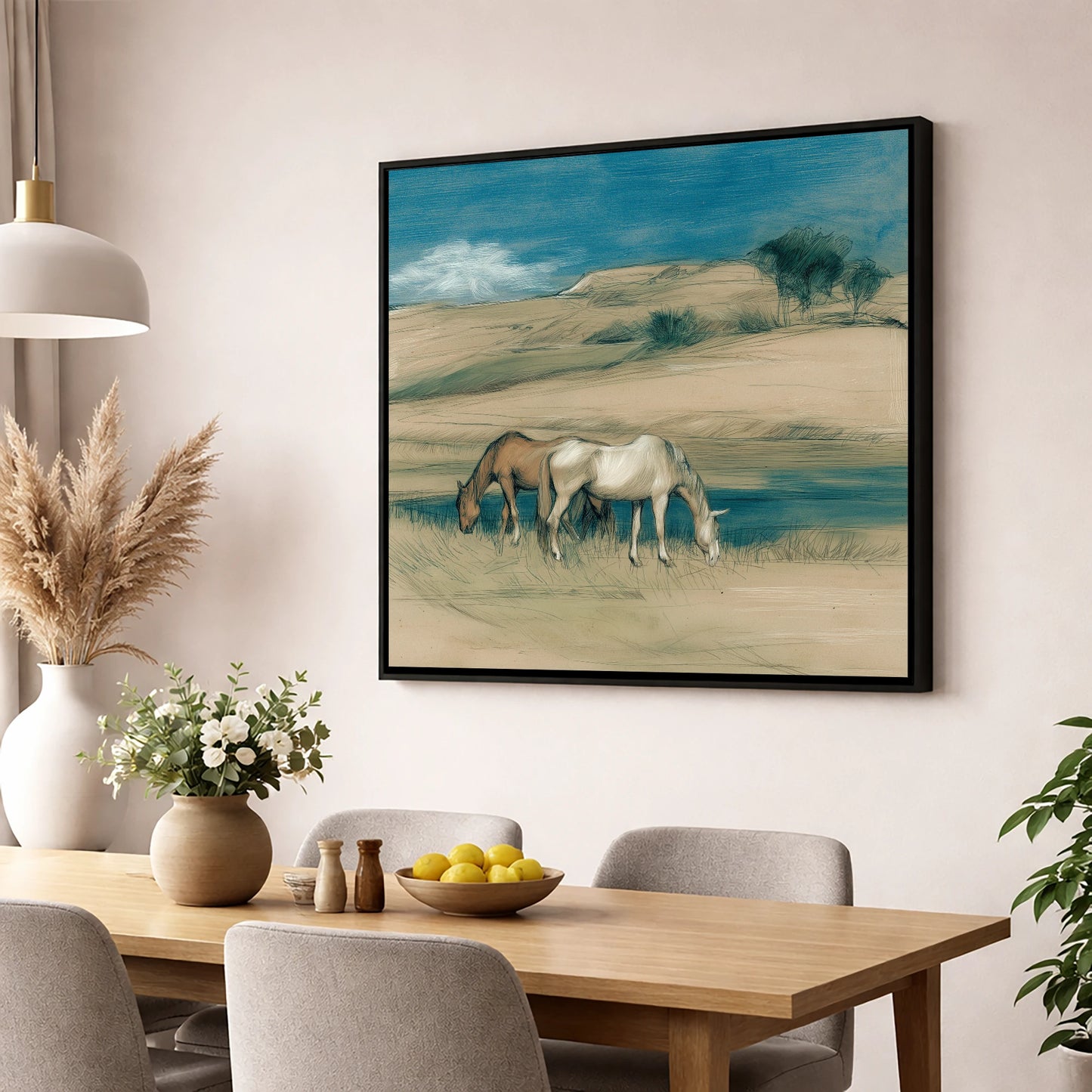 Quiet Companions horse landscape wall art displayed in a dining room