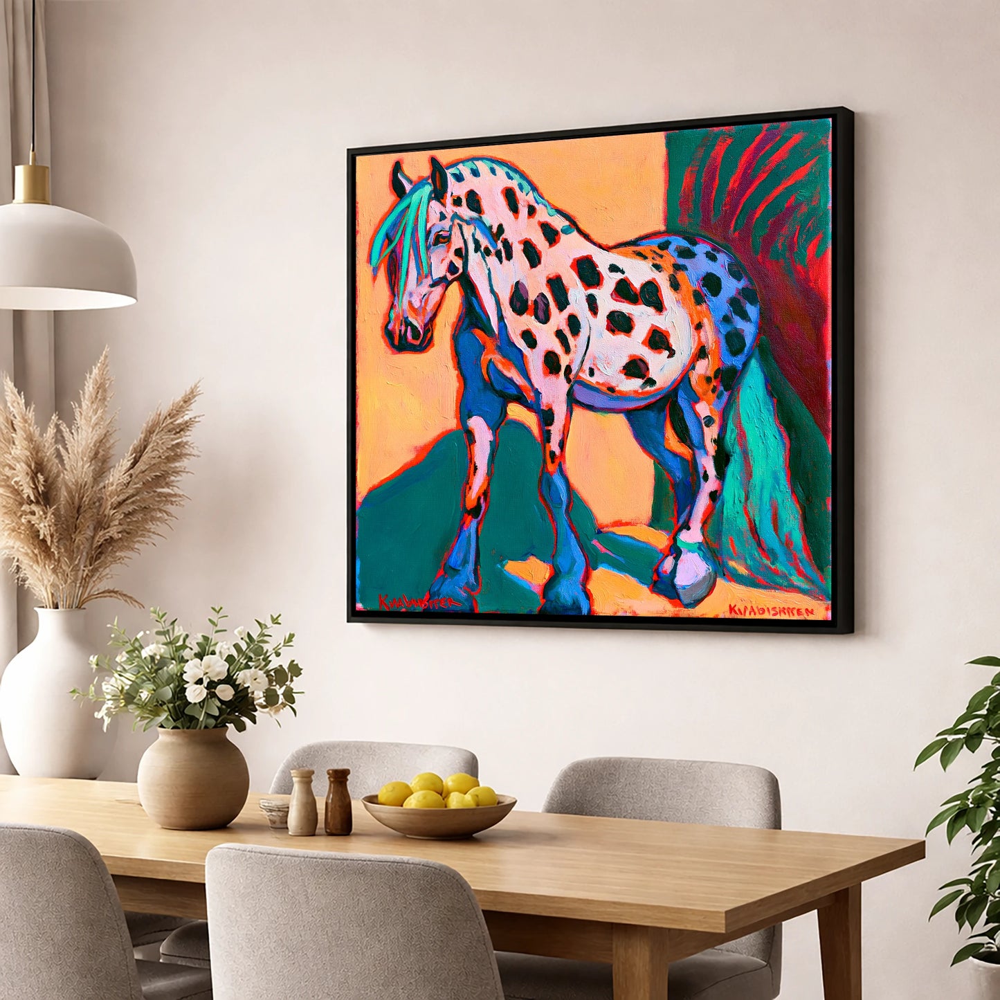 Colourful Spotted Knabstrupper Horse horse breed wall art displayed in a dining room