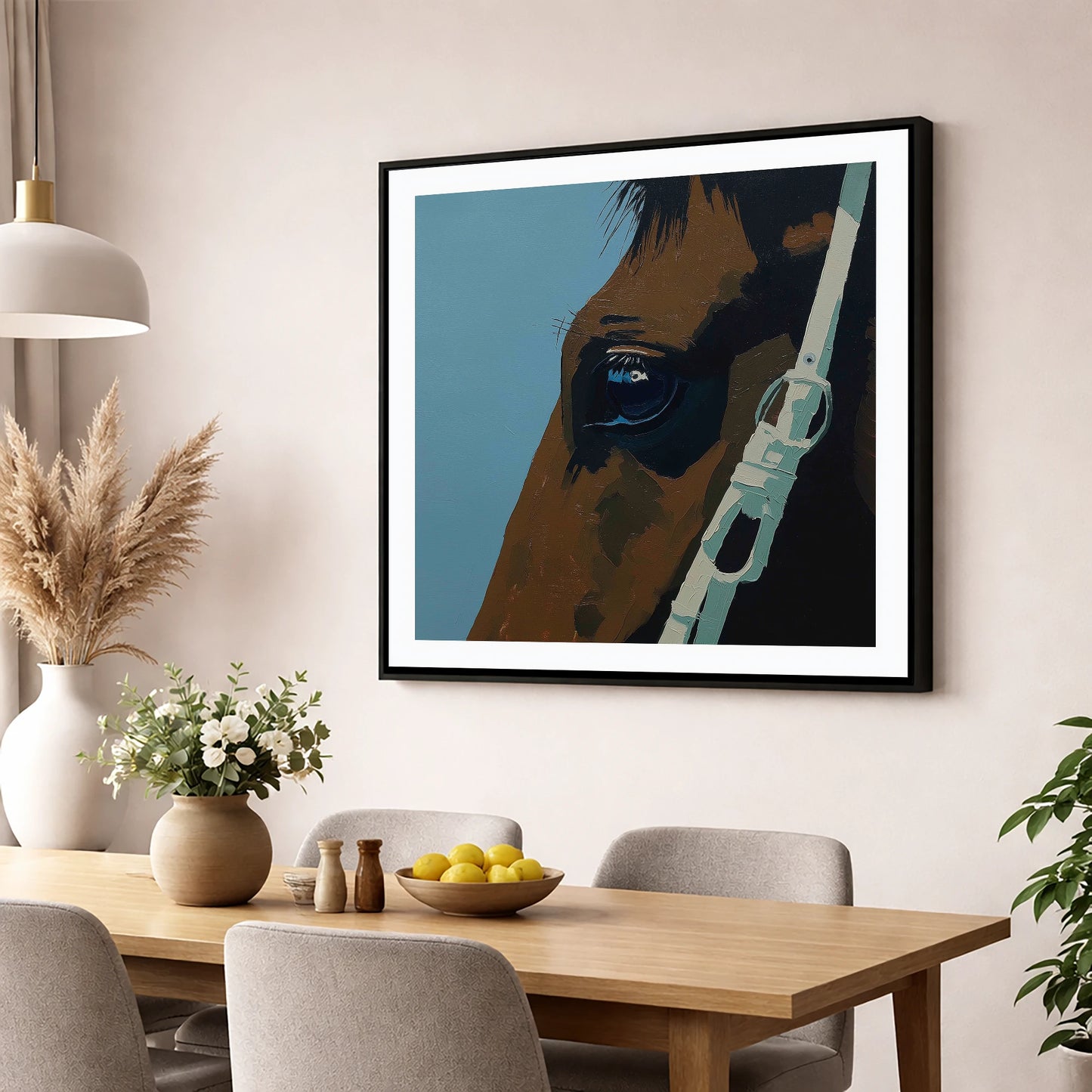 Quiet Observation horse portrait wall art displayed in a dining room