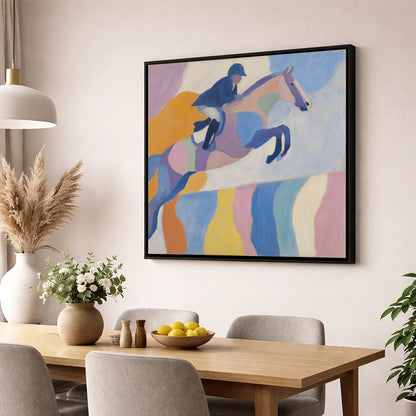 Pastel Abstract Leap show jumping horse wall art displayed in a dining room