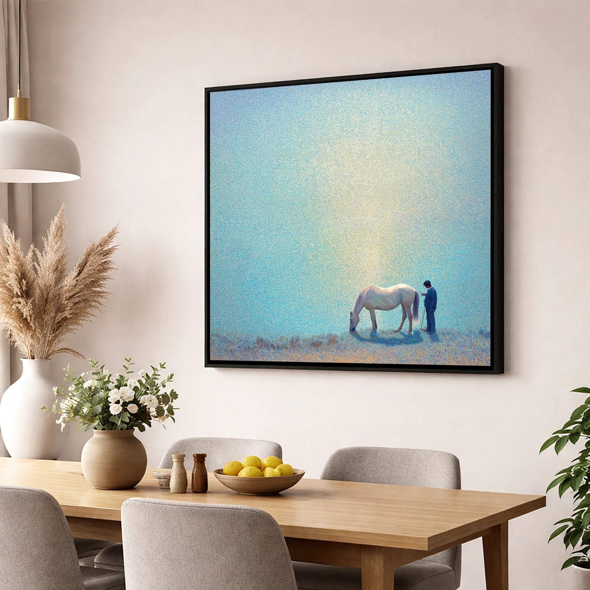 Beside Still Waters horse & rider wall art displayed in a dining room