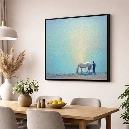 Beside Still Waters horse & rider wall art displayed in a dining room