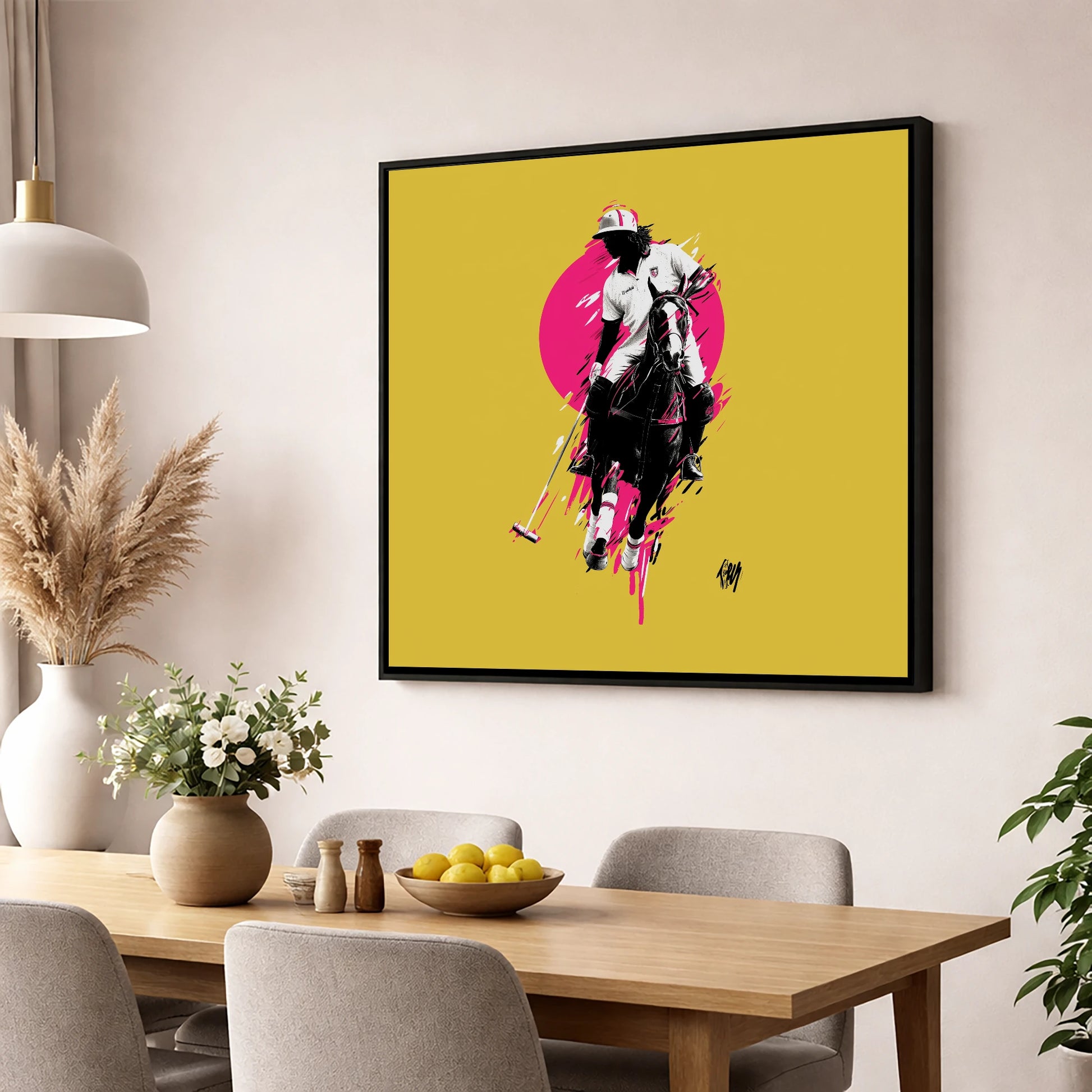 The Vibrant Chukka polo horse wall art displayed in a dining room