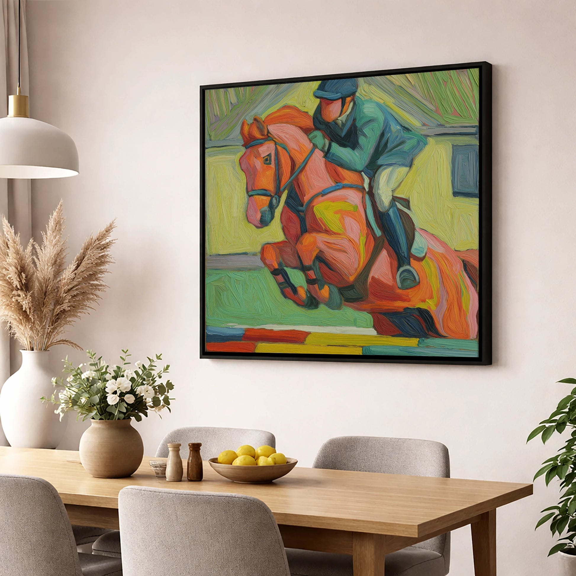 Clearing the Coloureds show jumping horse wall art displayed in a dining room